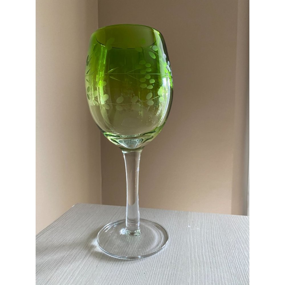 Chartreuse Green Heavy Floral Etched Glass Goblet Wine Glass